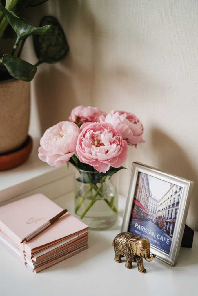 Personalized workspace with memory-filled decor and elegant desk accessories