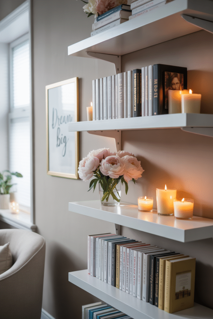 Light and airy home office with open shelving and chic decorative styling