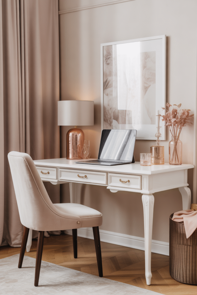 Pretty white writing desk with delicate detailing and soft pink decor