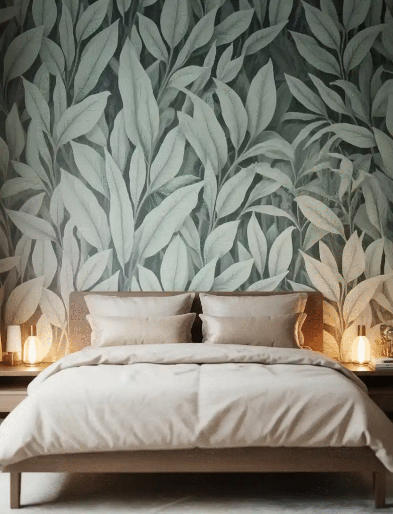 Bedroom with botanical wallpaper featuring sage green leaves, creating a statement wall behind the bed while keeping the rest of the decor minimal.