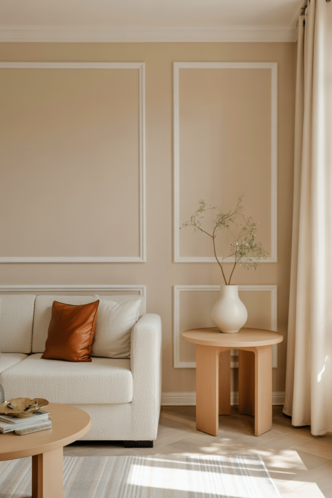 Living room with beige feature wall and bright white trim, creating clean contrast