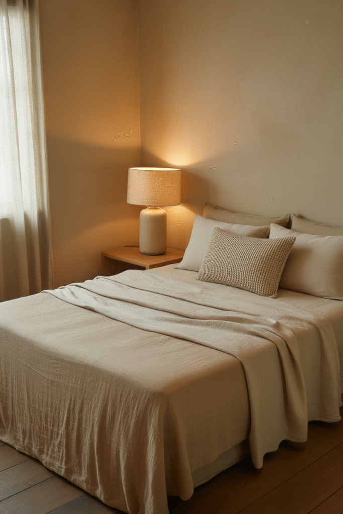 Serene beige-toned bedroom featuring a deeper beige accent wall and soft layers