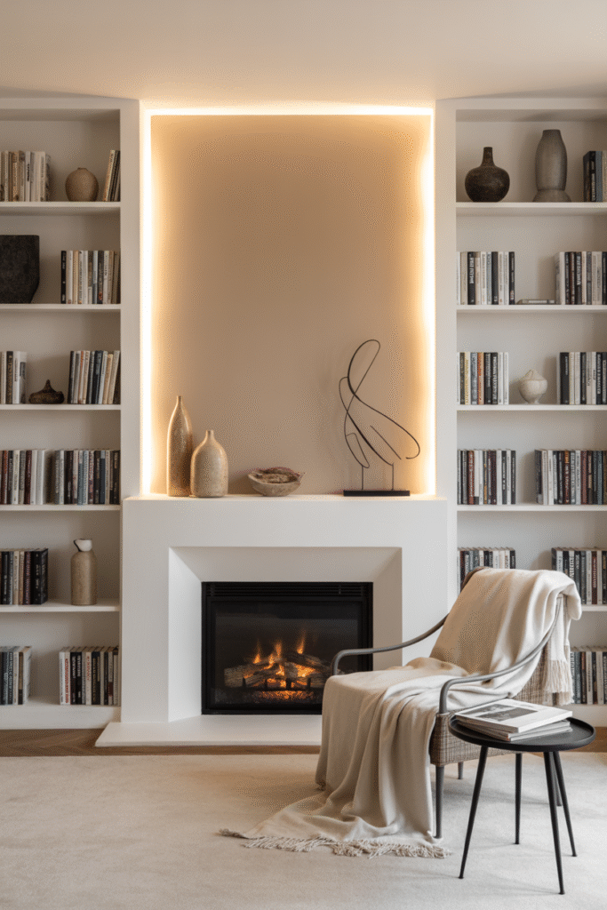 Living room with beige wall highlighting fireplace and built-in shelves