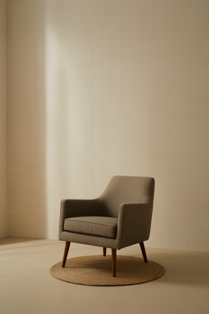 Accent wall covered in grass cloth-style beige wallpaper for natural depth