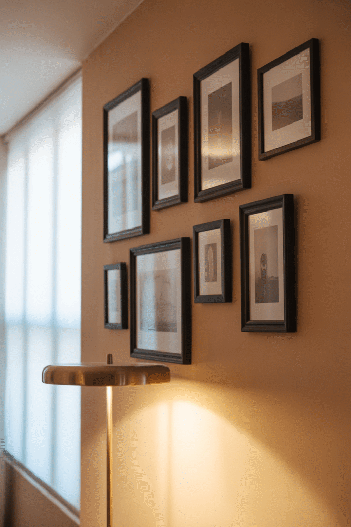 Beige wall contrasted with sleek black accents for a bold modern look