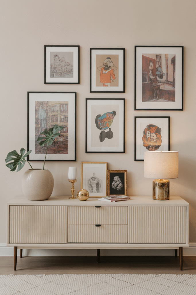 Beige accent wall used as backdrop for vibrant art display
