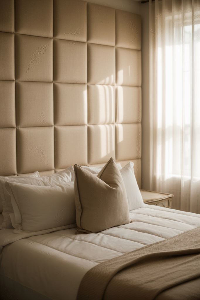 Soft beige accent wall behind bed for a warm and calming bedroom feel