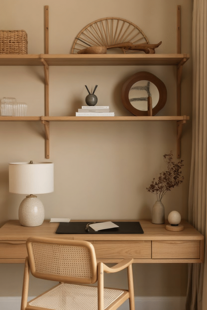 Beige accent wall styled with warm natural wood and organic textures