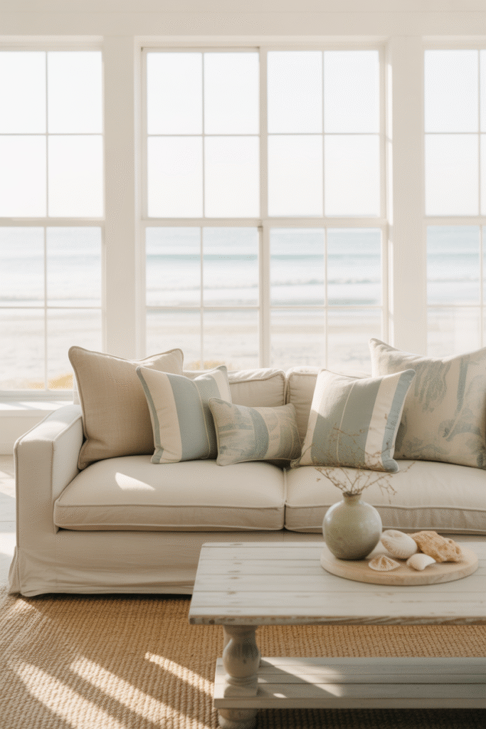 A bright, coastal-style living room with white walls and airy neutral decor.