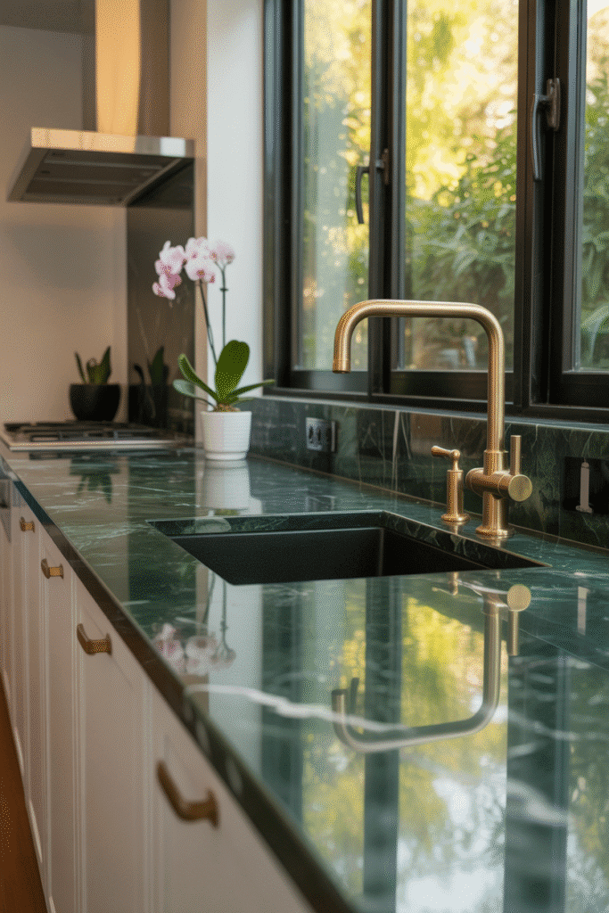Green marble countertops offer a luxurious, organic touch to modern kitchens.

