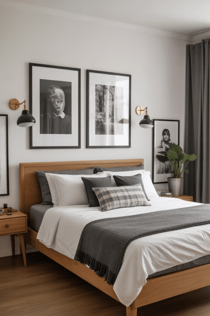 Elegant black and white wall art adding personality and sophistication to the bedroom decor.