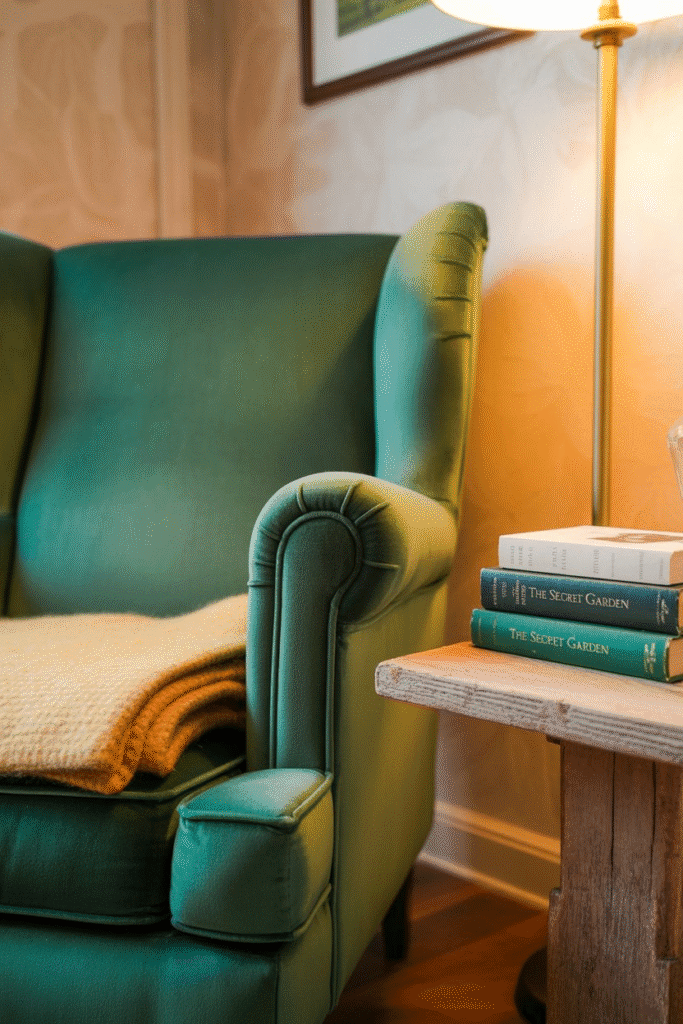 Cozy reading nook in the bedroom with a velvet chair, throw blanket, and vintage lighting for a perfect retreat