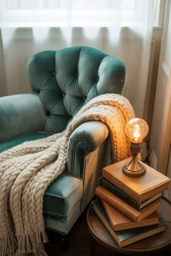 Cozy reading nook in the bedroom with a velvet chair, throw blanket, and vintage lighting for a perfect retreat.