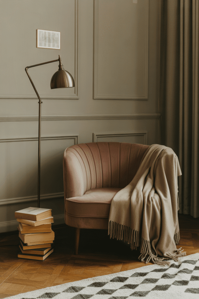 Cozy reading nook in the bedroom with a velvet chair, throw blanket, and vintage lighting for a perfect retreat.