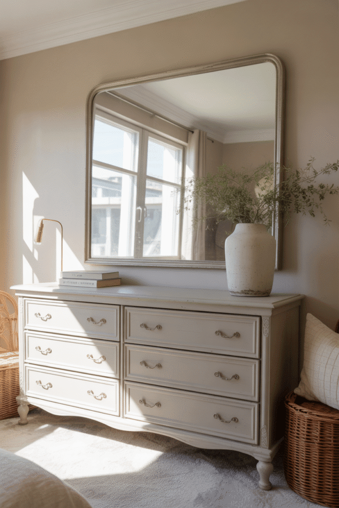 Vintage mirror above the dresser reflecting natural light and creating a spacious feel in the bedroom.