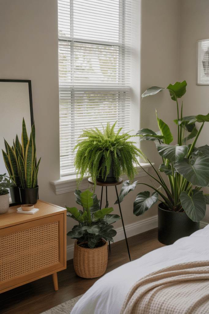 Indoor plants like ferns and snake plants adding natural freshness and calm to a classy bedroom design.