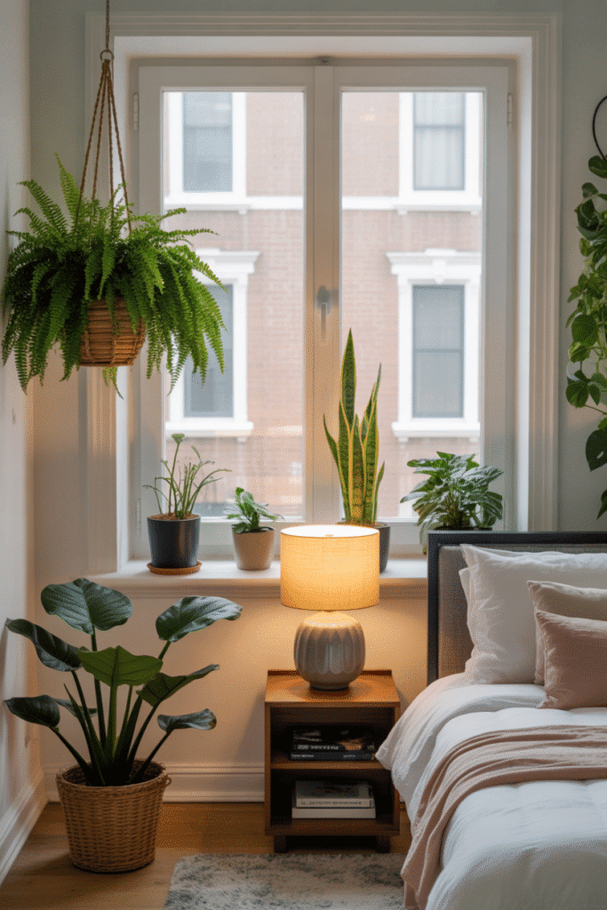 Indoor plants like ferns and snake plants adding natural freshness and calm to a classy bedroom design.