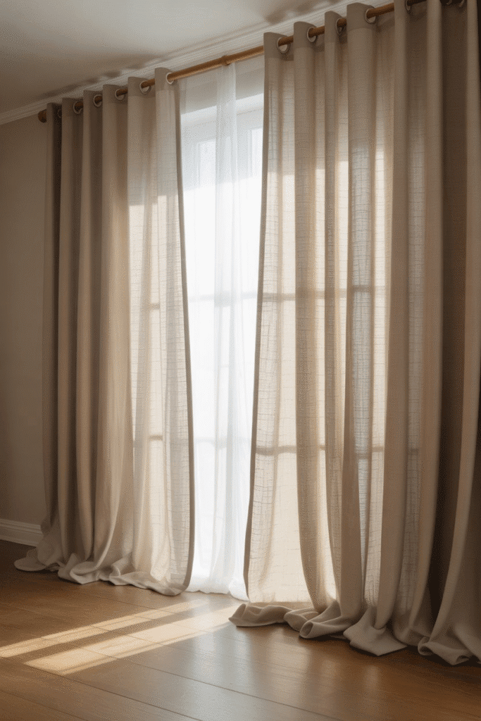 Timeless linen window treatments in neutral tones adding softness and elegance to the bedroom.
