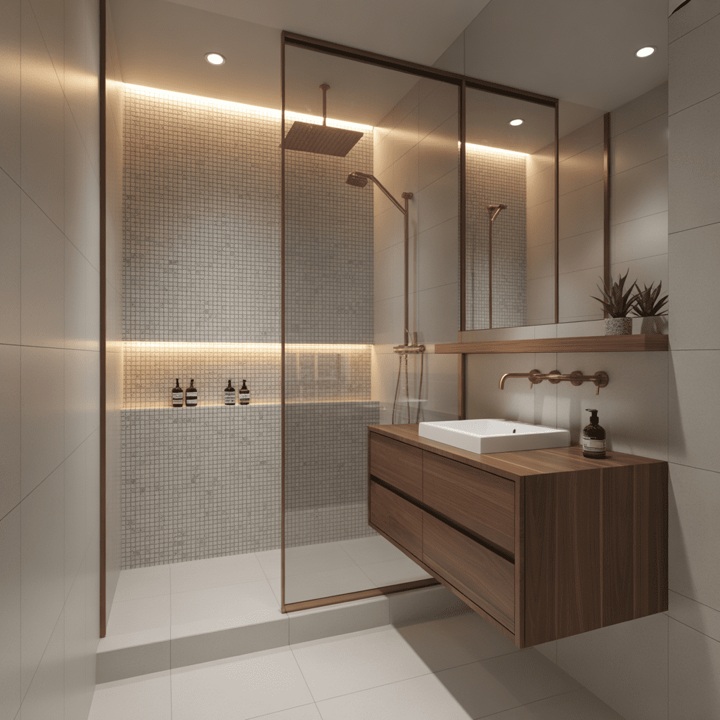 A monochromatic tile scheme creates a seamless and cohesive look in a small bathroom.