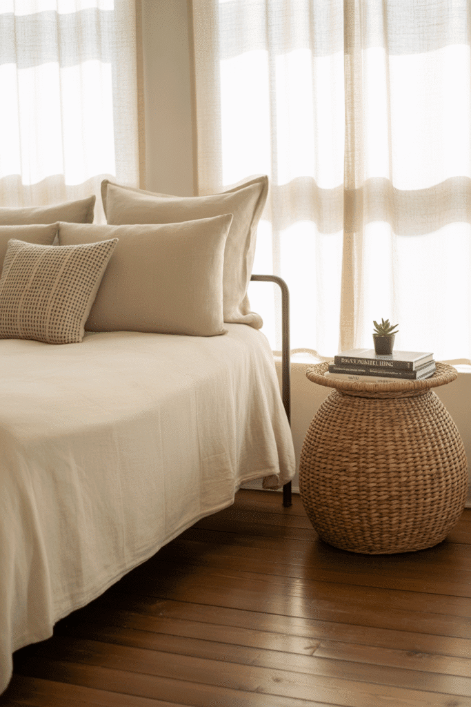 Sustainable bedroom decor with eco-friendly furniture and ethically sourced textiles for a stylish, green space.
