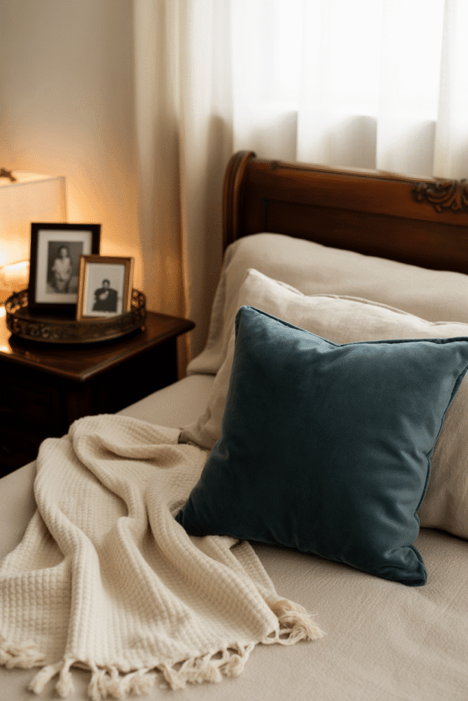 Personalized bedroom with meaningful decor like family photos and handwoven blankets adding charm and character.