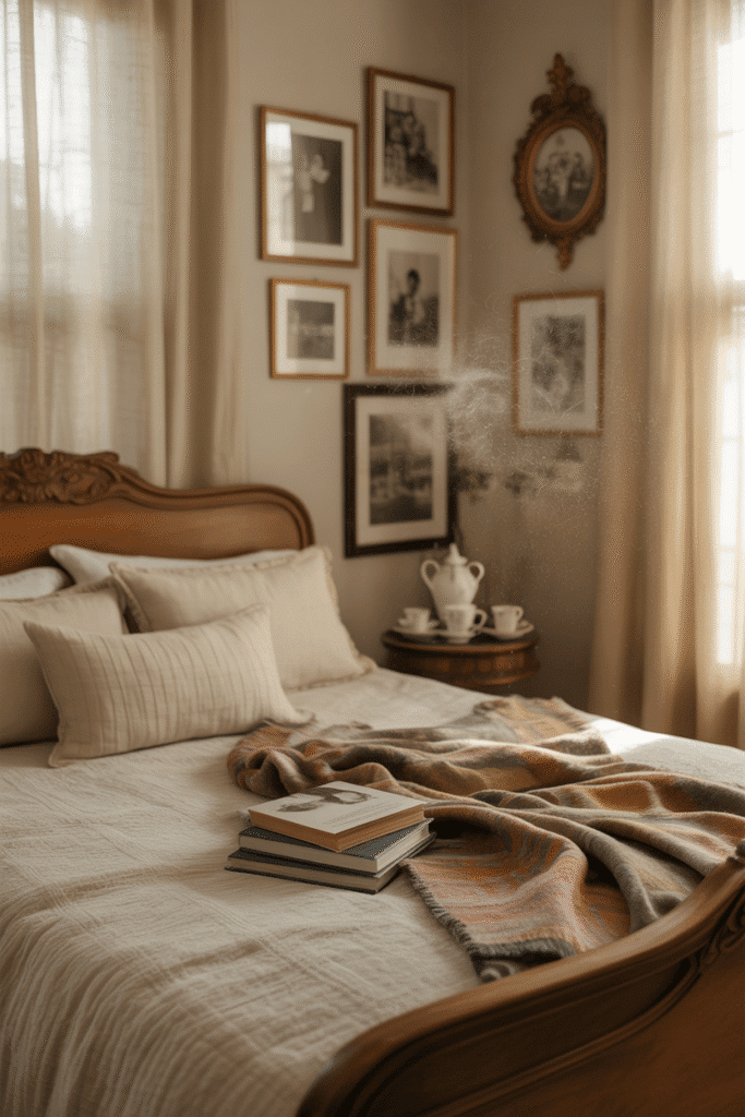 As a part of classy bedroom ideas for women this picture shows a personalized bedroom with meaningful decor like family photos and handwoven blankets adding charm and character.