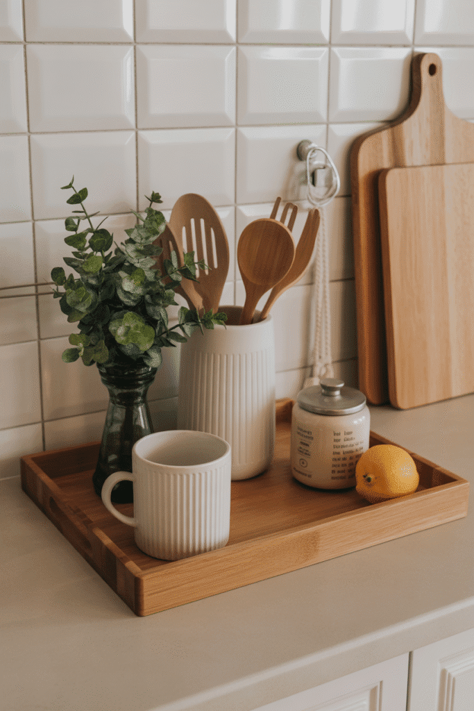 Elegant kitchen tray organizing everyday essentials like olive oil, salt, and pepper for a chic and functional look