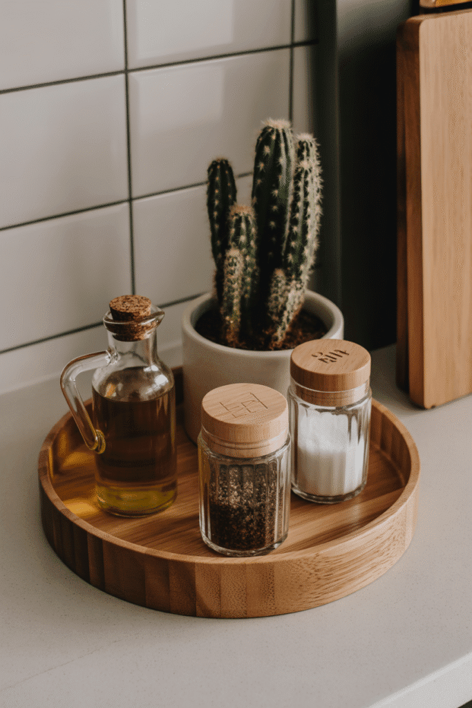 As a part of this picture shows an elegant kitchen tray organizing everyday essentials like olive oil, salt, and pepper for a chic and functional look