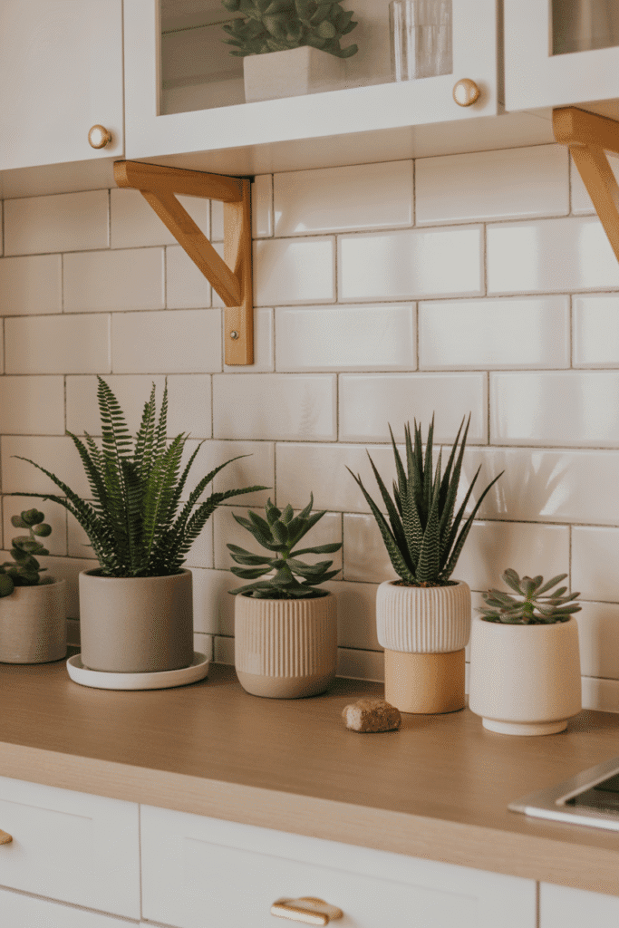 Fresh plants like succulents and ferns placed in chic planters, bringing life and vibrance to the kitchen countertop