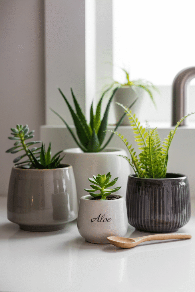 Fresh plants like succulents and ferns placed in chic planters, bringing life and vibrance to the kitchen countertop