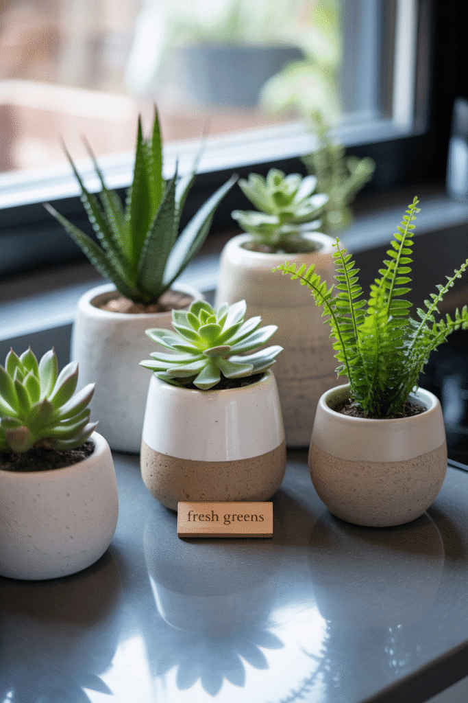 Fresh plants like succulents and ferns placed in chic planters, bringing life and vibrance to the kitchen countertop