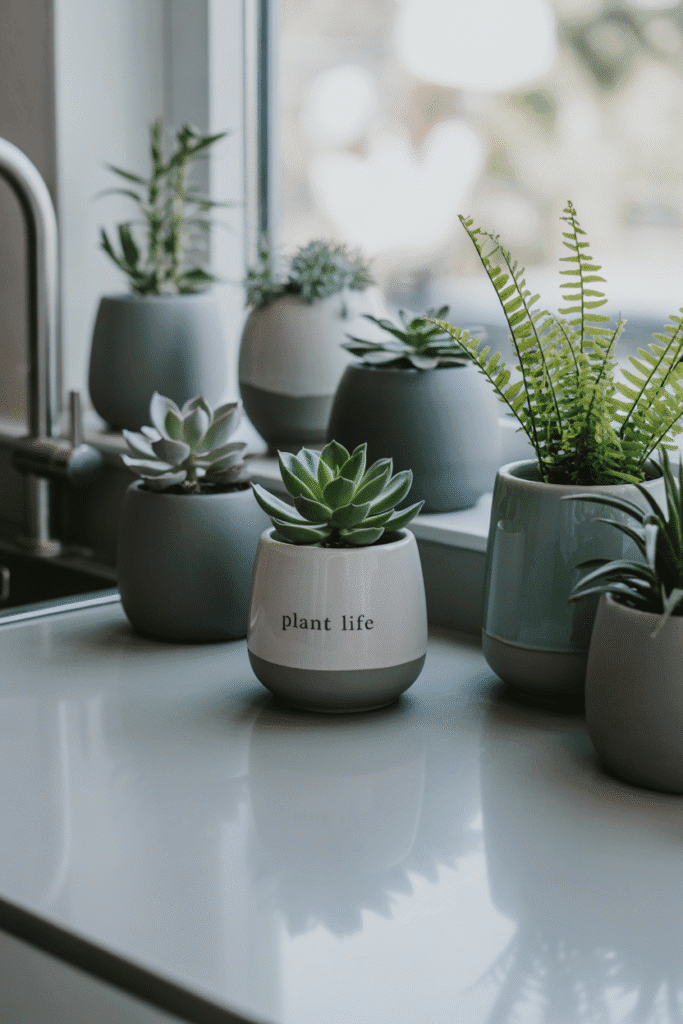 Fresh plants like succulents and ferns placed in chic planters, bringing life and vibrance to the kitchen countertop