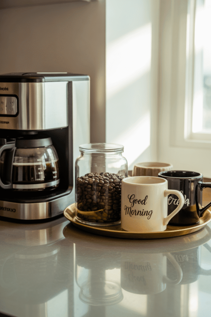 Cozy coffee station setup on kitchen countertop with coffee maker, beans, and mugs adding charm and function