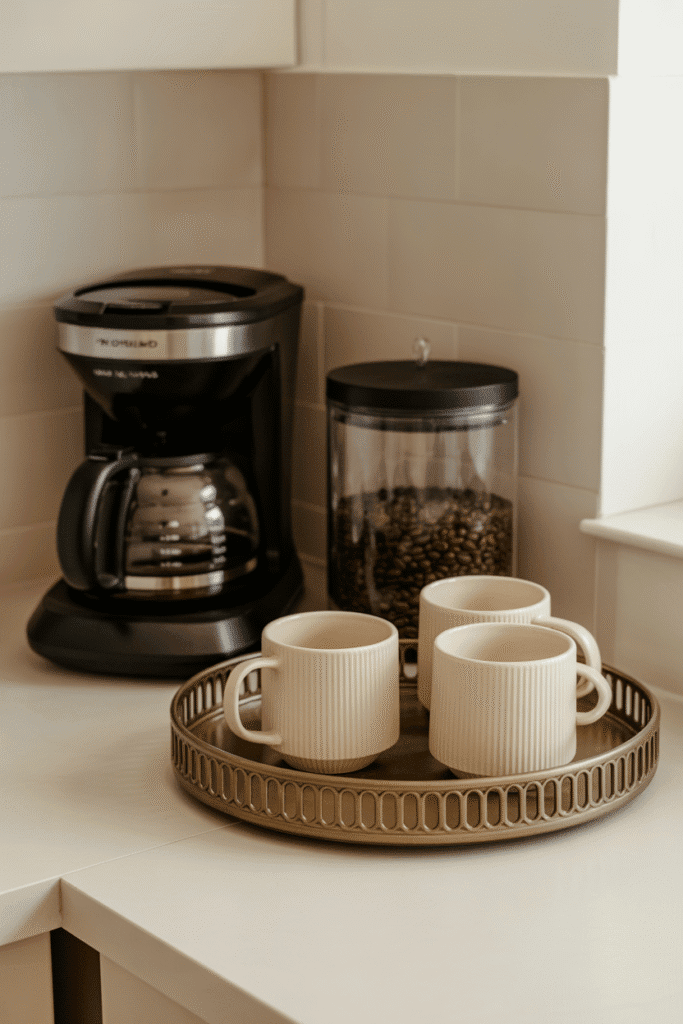 Cozy coffee station setup on kitchen countertop with coffee maker, beans, and mugs adding charm and function