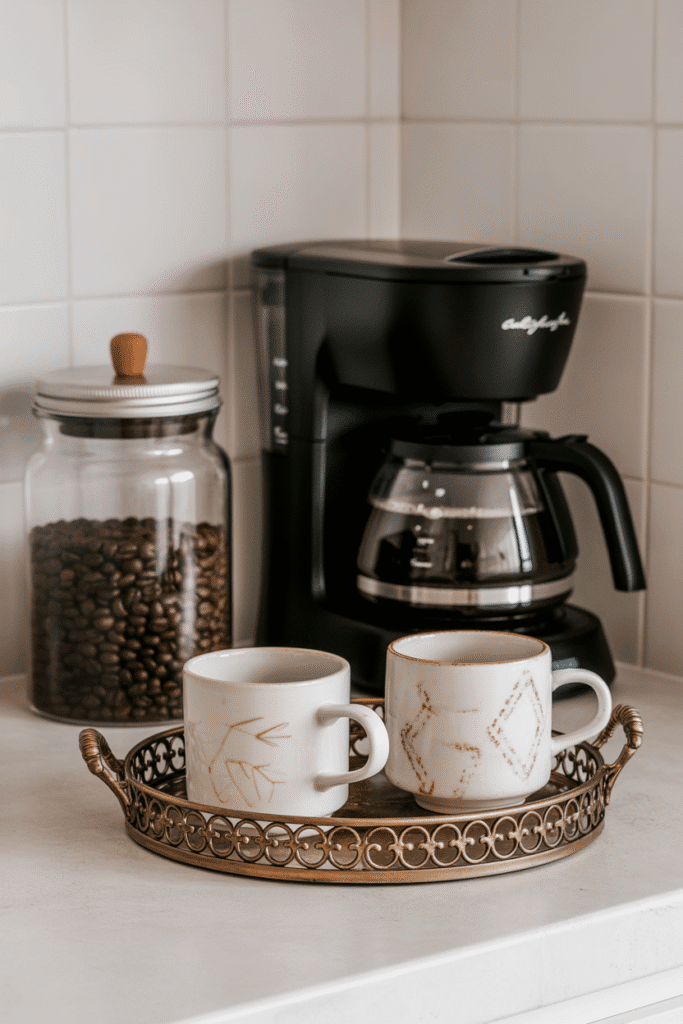 Cozy coffee station setup on kitchen countertop with coffee maker, beans, and mugs adding charm and function