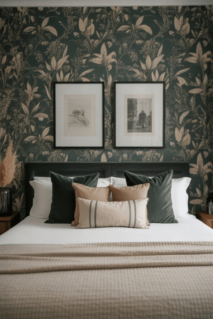 Dark green wallpaper with nature-inspired patterns creates a striking accent wall.
