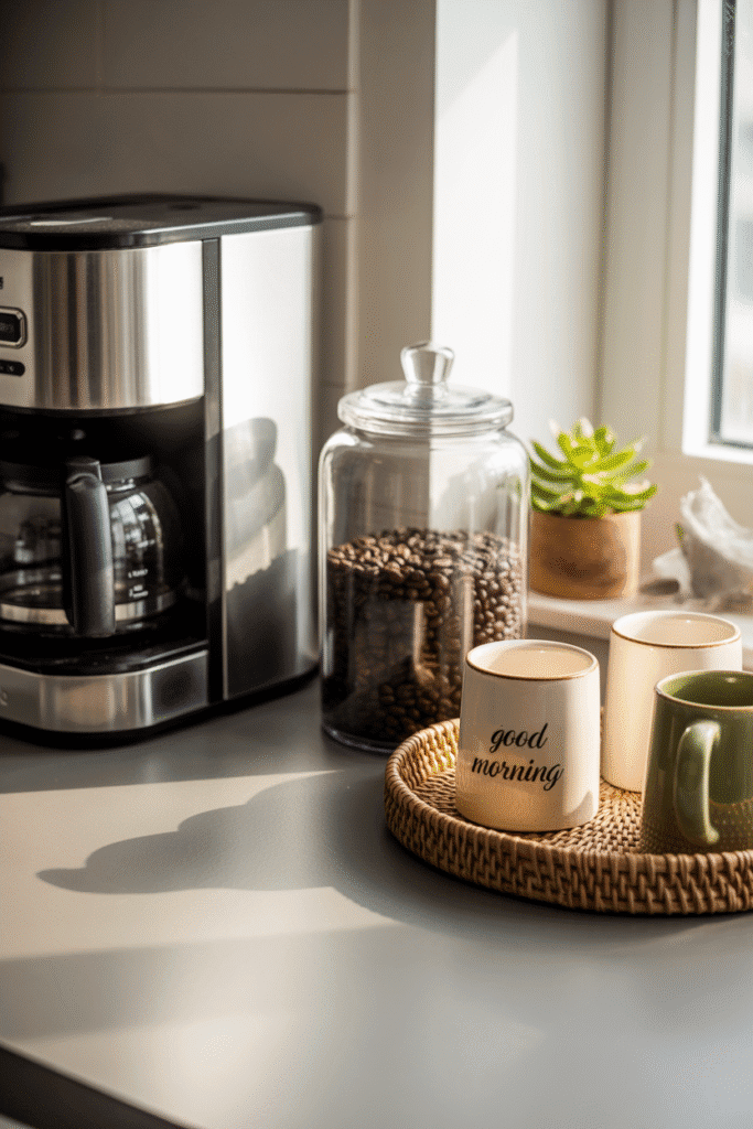 Cozy coffee station setup on kitchen countertop with coffee maker, beans, and mugs adding charm and function