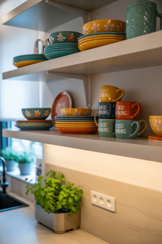 Kitchen countertop with open shelving showcasing colorful dishware for a stylish, decorative touch