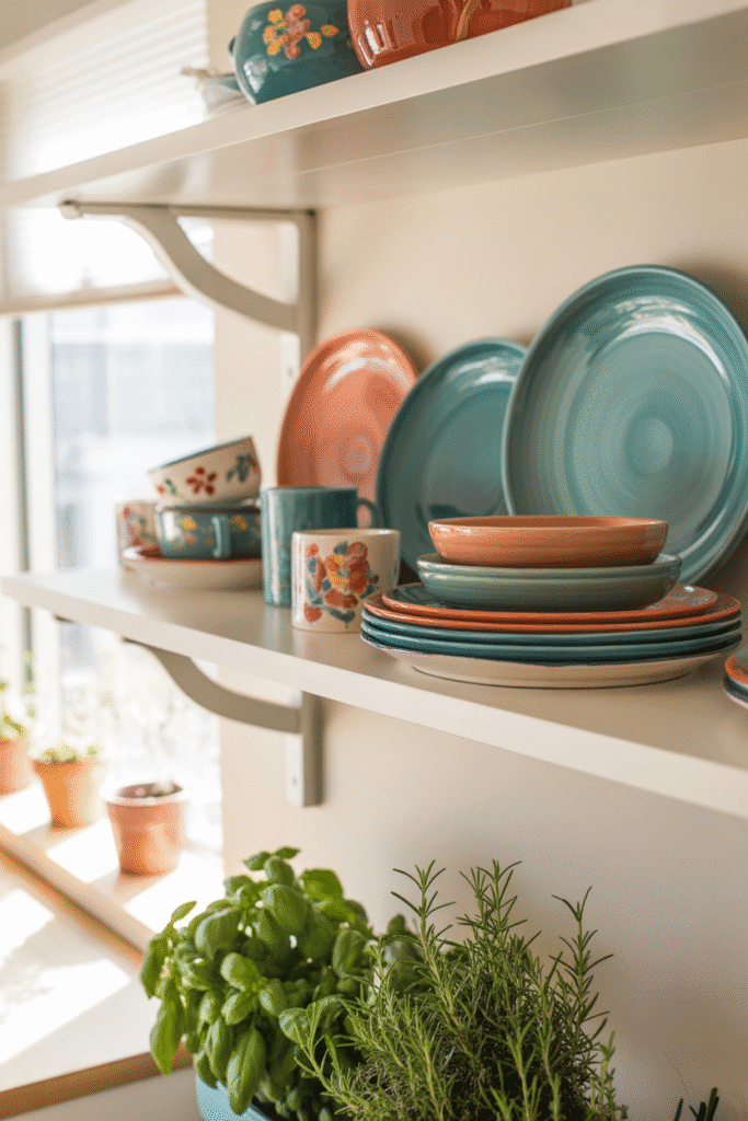 Kitchen countertop with open shelving showcasing colorful dishware for a stylish, decorative touch