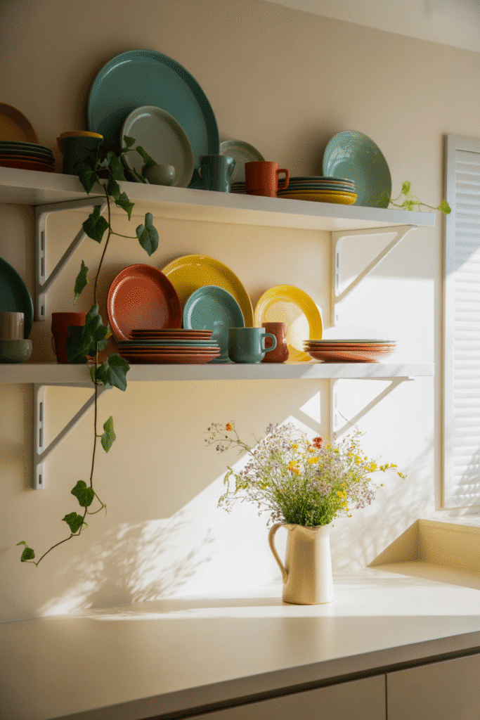 Kitchen countertop with open shelving showcasing colorful dishware for a stylish, decorative touch