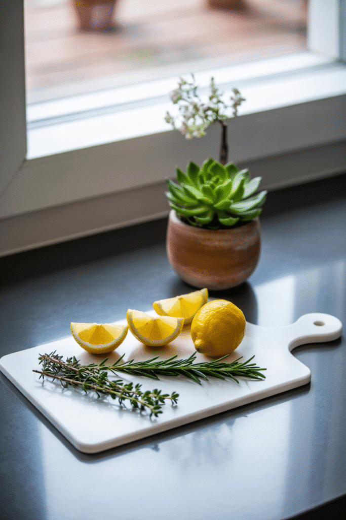 Marble cutting board on the kitchen countertop, adding elegance and style with sleek accessories and a plant