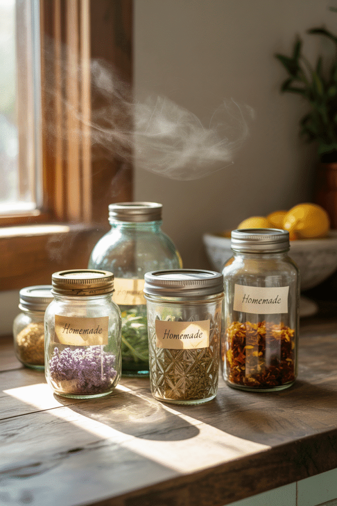 Glass jars storing pantry essentials like flour and sugar, creating a clean and stylish look on the kitchen countertop