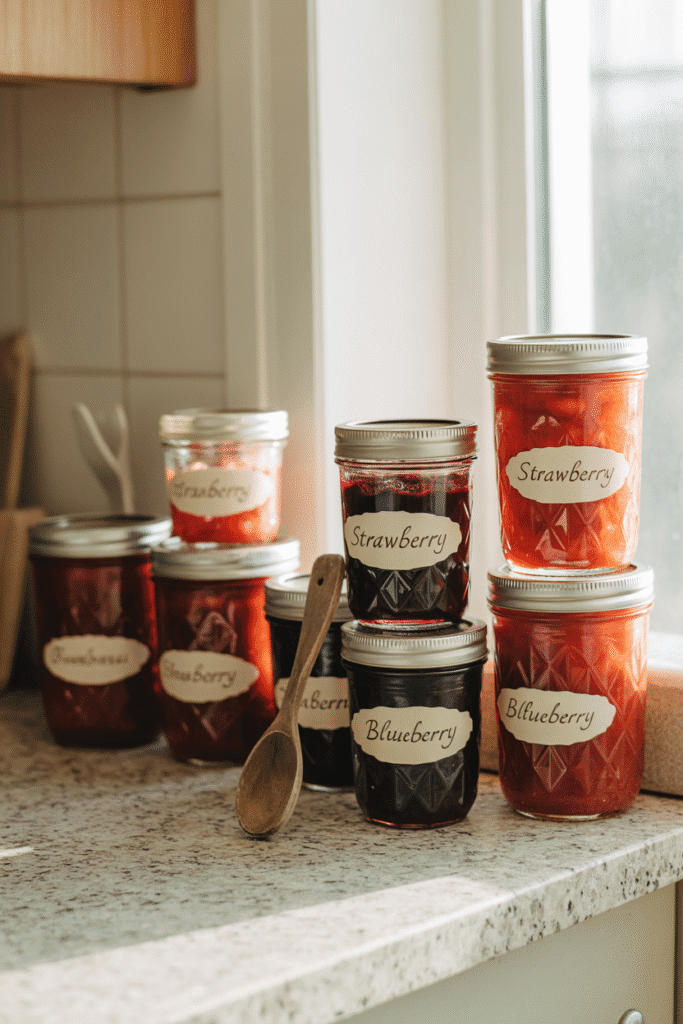 Glass jars storing pantry essentials like flour and sugar, creating a clean and stylish look on the kitchen countertop