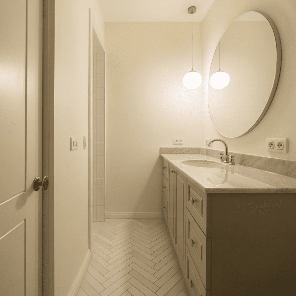 Herringbone tile layout adds movement and classic detail to a narrow bathroom.