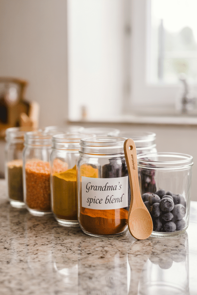 Glass jars storing pantry essentials like flour and sugar, creating a clean and stylish look on the kitchen countertop