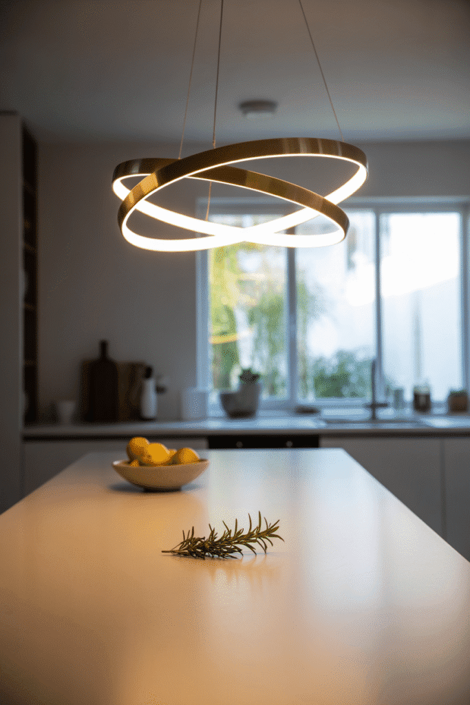 Statement lighting over the kitchen counter creating a modern, ambient glow and enhancing the space’s style