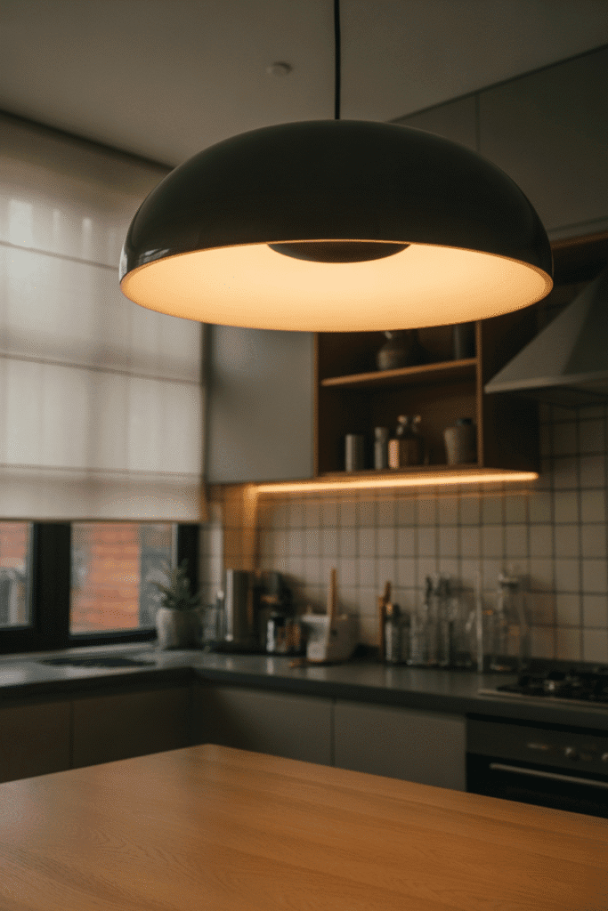 Statement lighting over the kitchen counter creating a modern, ambient glow and enhancing the space’s style