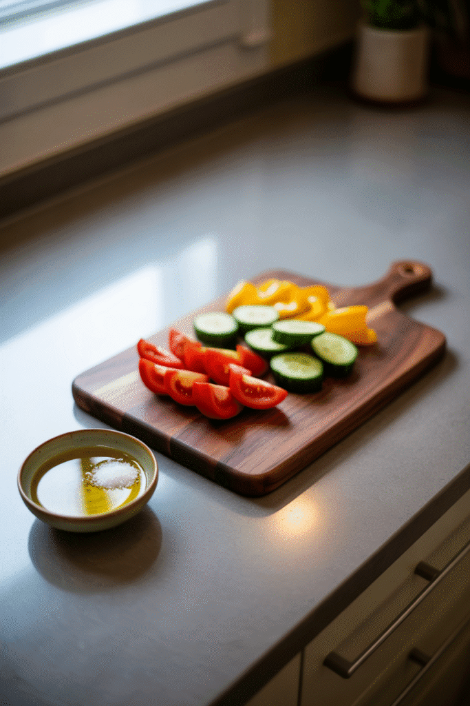 Wooden cutting board on kitchen counter with fresh vegetables, combining functionality with elegance in the kitchen