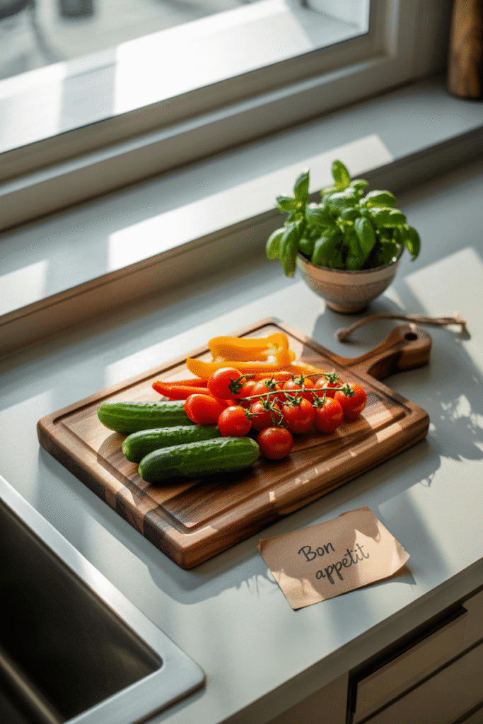 Wooden cutting board on kitchen counter with fresh vegetables, combining functionality with elegance in the kitchen
