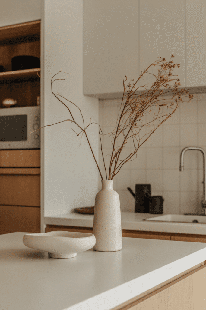 Minimalist kitchen counter with a single statement piece, showcasing clean design and refined elegance